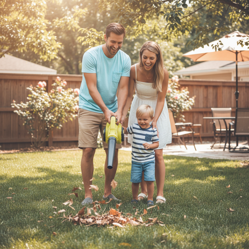 Happy family using cordless blower in backyard