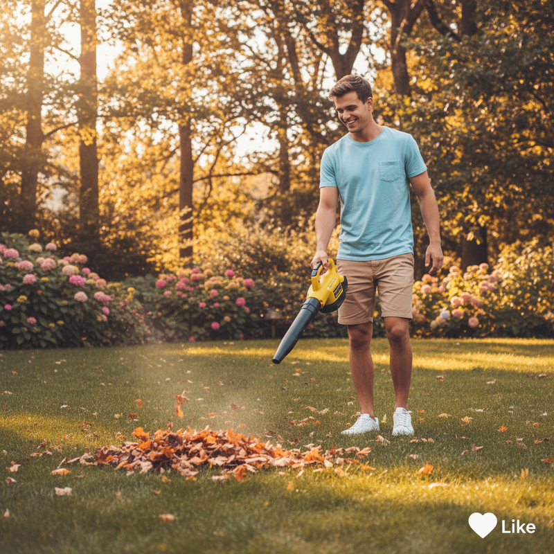 Happy man using cordless blower in garden
