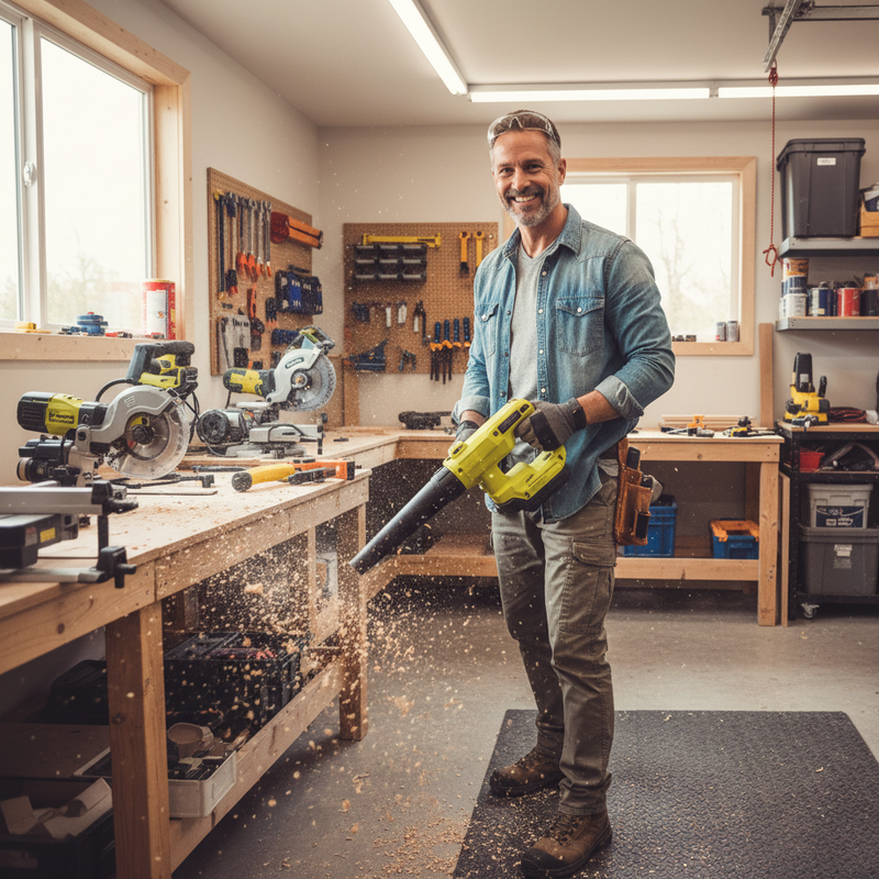 Happy man using cordless blower in workshop