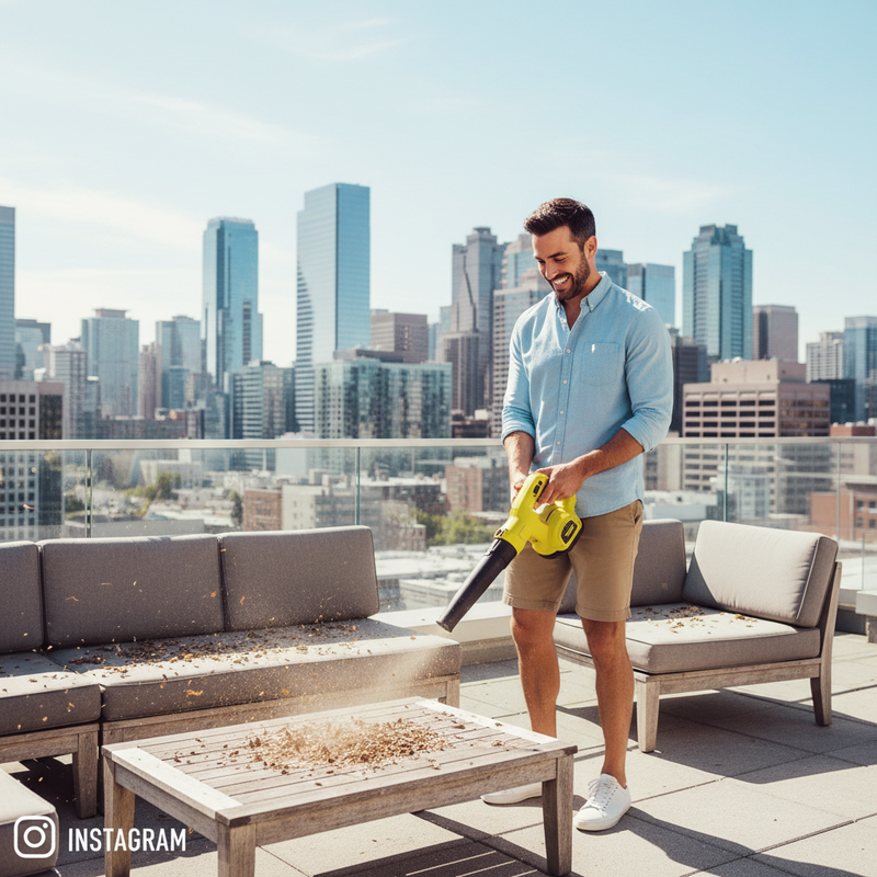 Happy man using cordless blower on rooftop