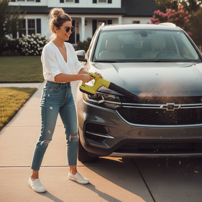 Happy woman using cordless blower on car