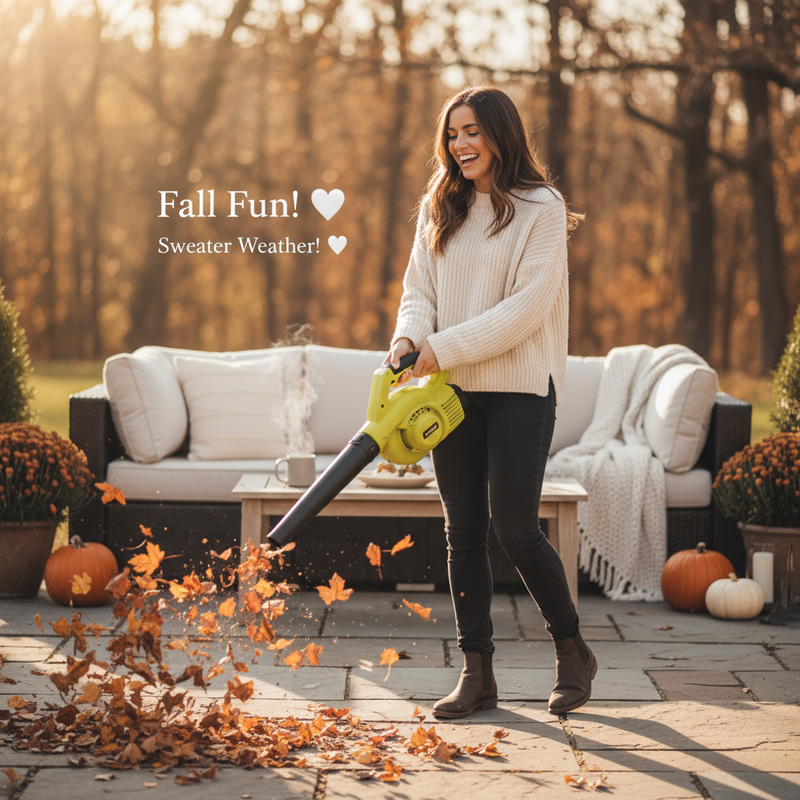 Happy woman using cordless blower on patio